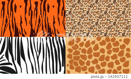 Set of wild animal fur skin patterns including tiger stripes and leopard spots with zebra pattern giraffe print wildlife textures skin texture animals wildlife natural background backgrounds Set of wild animal fur skin patterns including tiger stripes and leopard spots with zebra pattern giraffe print wildlife textures skin texture animals wildlife natural background backgrounds 142937111