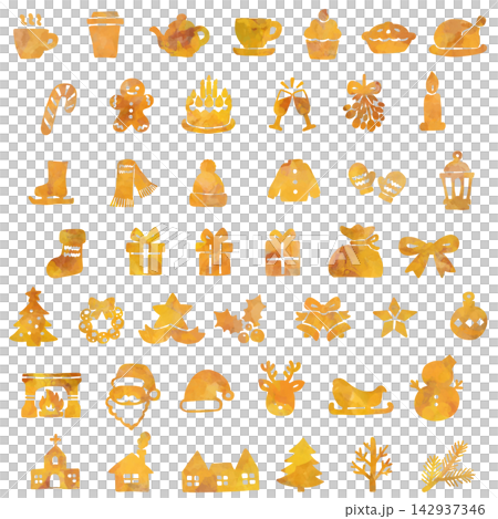 A set of hand-drawn style icons with Christmas motifs. 142937346