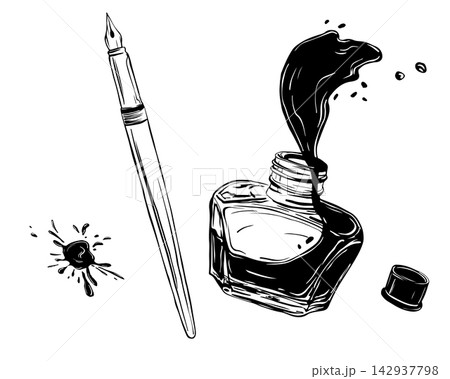 Hand drawn fountain pen and ink bottle for calligraphy, monochrome black and white illustration with dynamic ink splash. Vintage line art style, isolated on white. Ideal for logos, labels and cards. Hand drawn fountain pen and ink bottle for calligraphy, monochrome black and white illustration with dynamic ink splash. Vintage line art style, isolated on white. Ideal for logos, labels and cards. 142937798
