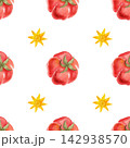 Seamless watercolor pattern with ripe tomatoes and yellow flowers. Bright, juicy, hand-painted vegetables for textiles, packaging, and wrapping paper. 142938570