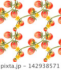 Seamless watercolor pattern featuring ripe cherry tomatoes on the vine. Bright, juicy, hand-painted vegetables suitable for textiles, packaging, and wrapping paper. 142938571