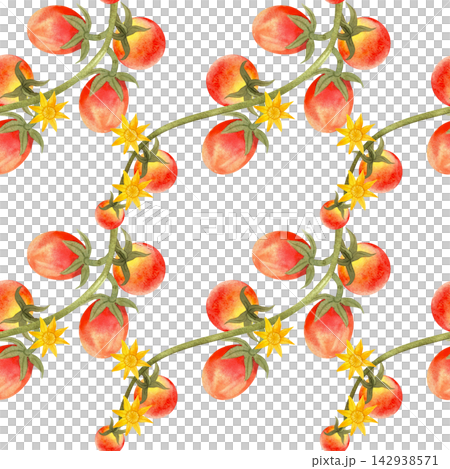 Seamless watercolor pattern featuring ripe cherry tomatoes on the vine. Bright, juicy, hand-painted vegetables suitable for textiles, packaging, and wrapping paper. Seamless watercolor pattern featuring ripe cherry tomatoes on the vine. Bright, juicy, hand-painted vegetables suitable for textiles, packaging, and wrapping paper. 142938571