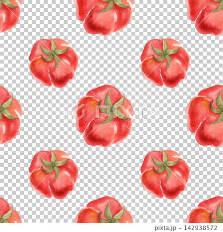 Seamless watercolor pattern featuring large, ripe tomatoes. Bright, juicy hand-drawn vegetables for textiles, packaging, and wrapping paper 142938572