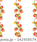 Seamless watercolor pattern with ripe cherry tomatoes and flowers. Bright, juicy hand-drawn vegetables for textiles, packaging, and wrapping paper 142938574