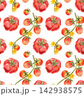 Seamless watercolor pattern featuring large, ripe tomatoes and cherry tomatoes on the vine. Bright, juicy hand-drawn vegetables for textiles, packaging, and wrapping 142938575
