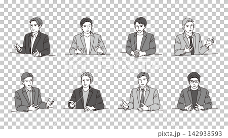 A set of 8 vector illustrations of a male business person making a pottery wheel gesture during an interview. A set of 8 vector illustrations of a male business person making a pottery wheel gesture during an interview. 142938593