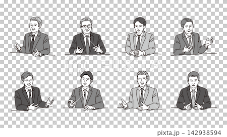 A set of 8 vector illustrations of a senior male businessperson making a pottery wheel gesture during an interview. A set of 8 vector illustrations of a senior male businessperson making a pottery wheel gesture during an interview. 142938594