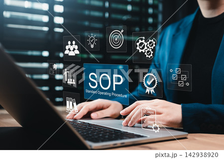 SOP Standard Operating Procedure concept. Person using laptop with compliance icon, quality management process, business workflow, regulation standard, policy guideline, corporate training instruction SOP Standard Operating Procedure concept. Person using laptop with compliance icon, quality management process, business workflow, regulation standard, policy guideline, corporate training instruction 142938920