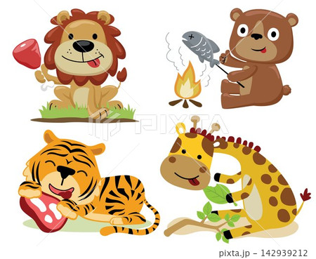 Group of funny animals cartoon with foods Group of funny animals cartoon with foods 142939212