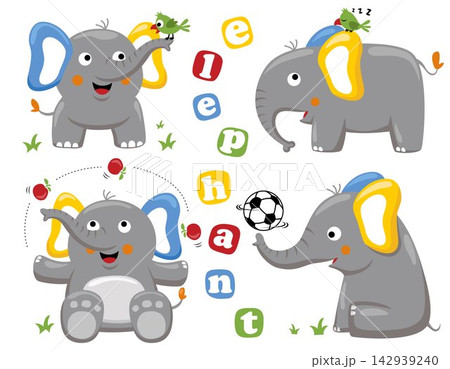 Group of funny elephant cartoon with little bird in different activities 142939240