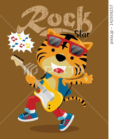 Vector cartoon of funny tiger playing electric guitar Vector cartoon of funny tiger playing electric guitar 142939257