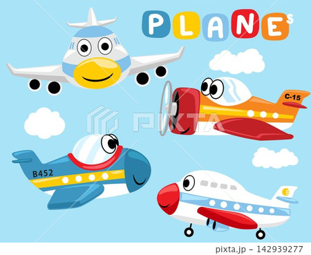 Vector set of funny planes cartoon with clouds 142939277