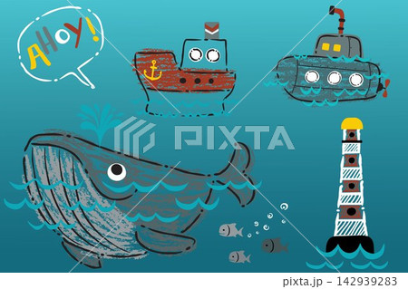 Cartoon set of funny whale with sea transportations and lighthouse in hand drawn styles 142939283