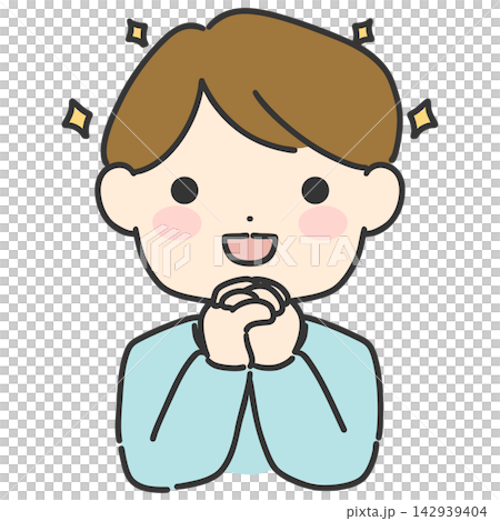 A hand-drawn vector illustration of a man with his hands clasped in front of his face, looking with expectant eyes. 142939404