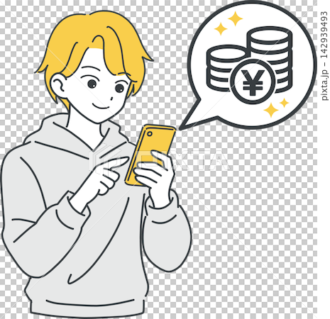 An illustration of a young Japanese man making in-app purchases on his smartphone. An illustration of a young Japanese man making in-app purchases on his smartphone. 142939493
