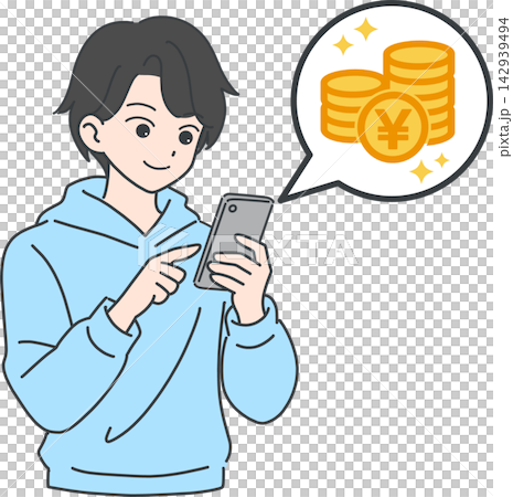 An illustration of a young Japanese man making in-app purchases on his smartphone. An illustration of a young Japanese man making in-app purchases on his smartphone. 142939494