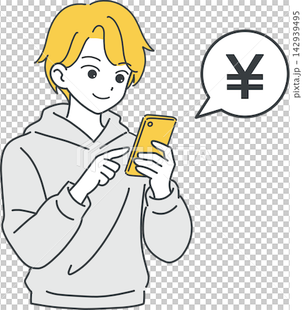 An illustration of a young Japanese man making in-app purchases on his smartphone. An illustration of a young Japanese man making in-app purchases on his smartphone. 142939495
