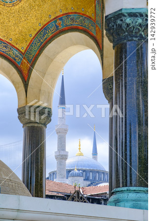 View of Sultanahmet Minarets Framed by German Fountain Arches, Istanbul 142939772