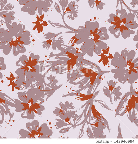 Decorative seamless floral repeat featuring large painterly blossoms, scattered petals, and organic brush strokes in muted mauve, dusty rose, and rust on soft pale background for textile, wallpaper 142940994