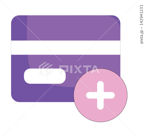 A modern flat vector icon showing a purple credit card with a pink plus sign badge, isolated on a white background. This clean and minimalist graphic represents concepts of adding a new payment method A modern flat vector icon showing a purple credit card with a pink plus sign badge, isolated on a white background. This clean and minimalist graphic represents concepts of adding a new payment method 142941231