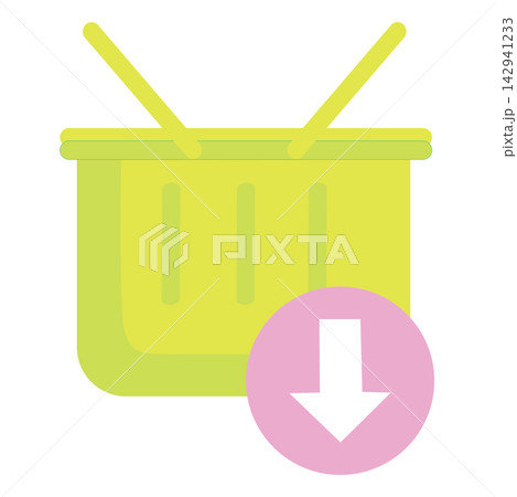 A modern flat vector icon featuring a lime green shopping basket with a pink download arrow badge, isolated on a white background. This colorful and minimalist graphic represents concepts of adding it A modern flat vector icon featuring a lime green shopping basket with a pink download arrow badge, isolated on a white background. This colorful and minimalist graphic represents concepts of adding it 142941233