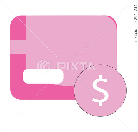 A modern flat vector icon showing a pink credit card with a dollar coin badge, isolated on a white background. This clean and minimalist graphic represents concepts of credit card payment, digital ban 142941234