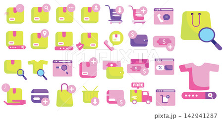 A comprehensive collection set of modern e-commerce, online shopping, and delivery logistics vector icons, isolated on a white background. This flat icon kit is designed in a vibrant and cohesive colo 142941287