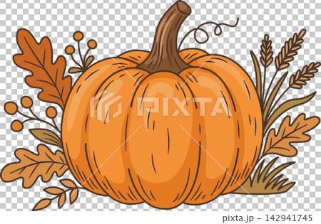 Cute Orange Pumpkin Illustration, Thanksgiving Pumpkin with Oak Leaves and Wheat Harvest Clipart Isolated for Autumn Decor, Sticker, and Craft Design Cute Orange Pumpkin Illustration, Thanksgiving Pumpkin with Oak Leaves and Wheat Harvest Clipart Isolated for Autumn Decor, Sticker, and Craft Design 142941745
