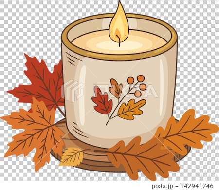 Cozy Autumn Scented Candle Illustration, Burning Candle in Glass Jar with Maple and Oak Leaves Clipart Isolated for Thanksgiving, Fall Decor, Sticker, and Craft Design Cozy Autumn Scented Candle Illustration, Burning Candle in Glass Jar with Maple and Oak Leaves Clipart Isolated for Thanksgiving, Fall Decor, Sticker, and Craft Design 142941746