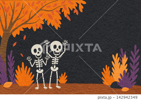 Halloween spooky funny skeletons trying to scare in night dark autumn forest, creepy banner with copy space in flat style Halloween spooky funny skeletons trying to scare in night dark autumn forest, creepy banner with copy space in flat style 142942349