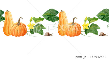 watercolor seamless border with pumpkins and snail illustration with vibrant yellow flower and green leaves watercolor seamless border with pumpkins and snail illustration with vibrant yellow flower and green leaves 142942430