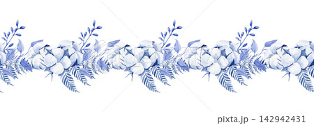 Watercolor seamless border in blue color from cotton, different types of eucalyptus, dried flowers and fern. 142942431