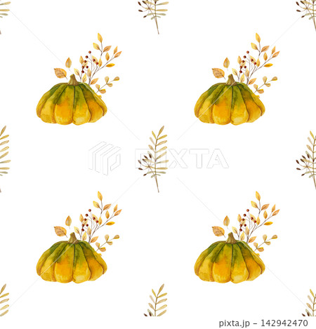 Handmade watercolor seamless pattern pumpkin illustration with dry yellow leaves on a branches on white background. 142942470