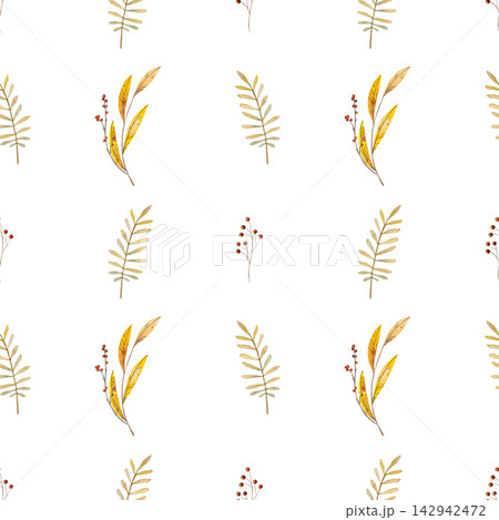Watercolor seamless pattern with dry yellow leaves, berries and branches on white background. Watercolor seamless pattern with dry yellow leaves, berries and branches on white background. 142942472