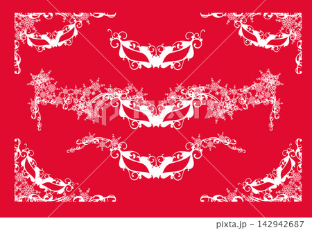 new year masquerade party red and white vector design set with masks and snow flakes 142942687
