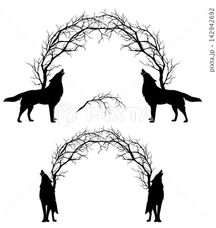 howling wolf silhouettes and bare tree branches arch border halloween vector design set 142942692