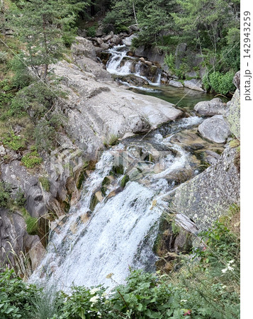 Cascading waterfall flowing through rocky mountain forest landscape Cascading waterfall flowing through rocky mountain forest landscape 142943259