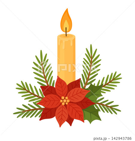 Christmas Candle Arrangement With Poinsettia Hand Drawn Vector Christmas Candle Arrangement With Poinsettia Hand Drawn Vector 142943786