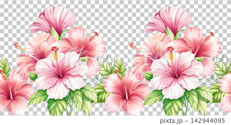 Hibiscus flower watercolor blossom brunch, seamless border ornament Hibiscus flower watercolor blossom brunch, seamless border ornament 142944095