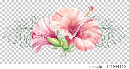 Watercolor hibiscus bouquet and palm foliage tropical border ornament Watercolor hibiscus bouquet and palm foliage tropical border ornament 142944130