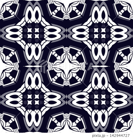 Navy blue and white ornate symmetrical seamless pattern Navy blue and white ornate symmetrical seamless pattern 142944727