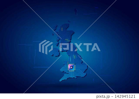 Simplified UK map circuit board with AI chip, infographic technology concept 142945121