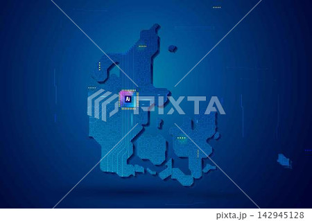 Simplified Norway map circuit board with AI chip, infographic technology concept 142945128