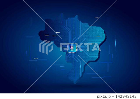 Simplified Brazil map circuit board with AI chip, infographic technology concept Simplified Brazil map circuit board with AI chip, infographic technology concept 142945145