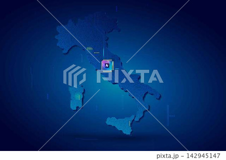 Simplified Italy map circuit board with AI chip, infographic technology concept Simplified Italy map circuit board with AI chip, infographic technology concept 142945147