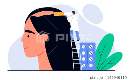 Doctor injecting medication into a woman's scalp for hair loss treatment and hair growth stimulation. Platelet-rich plasma therapy for hair restoration and hair growth. Isolated vector illustration 142946119