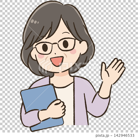 Daily life and communication materials for a woman in her 60s: Smiling, holding a binder, saying "Hi!" Daily life and communication materials for a woman in her 60s: Smiling, holding a binder, saying "Hi!" 142946533
