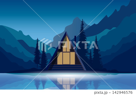 Mountain cabin near a lake during night with reflections and surrounding trees Mountain cabin near a lake during night with reflections and surrounding trees 142946576