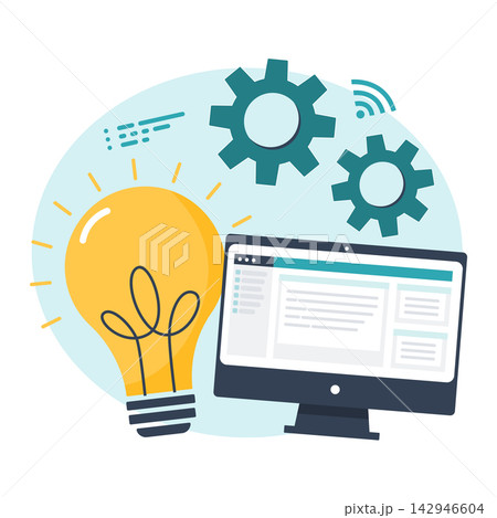Science and Innovation Educational Illustration with Lightbulb and Gears Science and Innovation Educational Illustration with Lightbulb and Gears 142946604