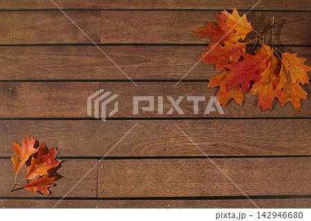 Abstract autumn composition featuring maple leaves against an old wooden background.Vibrant, beautiful banner and Hello Autumn greeting card. Thanksgiving themed still life and atmospheric backdrop. Abstract autumn composition featuring maple leaves against an old wooden background.Vibrant, beautiful banner and Hello Autumn greeting card. Thanksgiving themed still life and atmospheric backdrop. 142946680